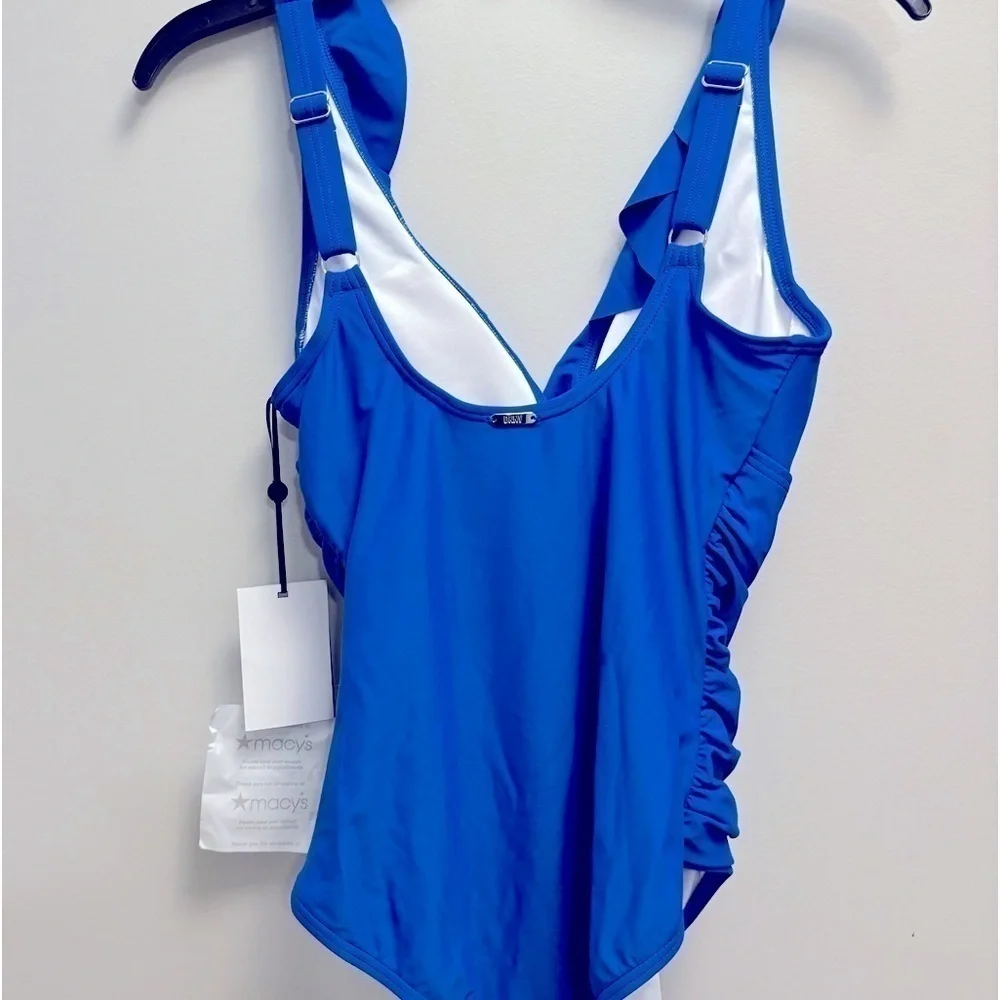 DKNY LAPIS Ruffle Plunge Underwire Tummy Control One-Piece Swimsuit Size 6 Blue